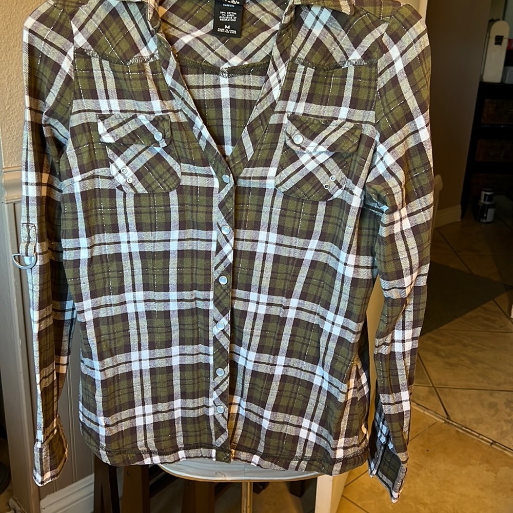 Vanity Button Up Plaid Shirt Juniors M Dual Pockets.